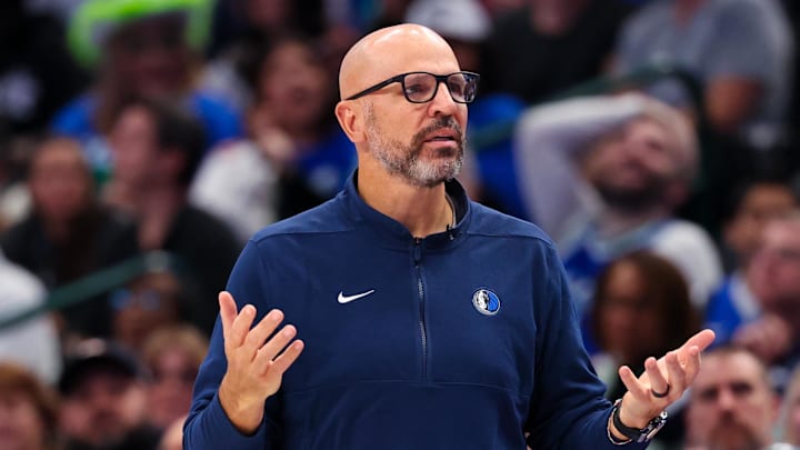 Mar 17, 2024; Dallas, Texas, USA;  Dallas Mavericks head coach Jason Kidd  reacts during the second quarter against the Denver Nuggets at American Airlines Center. Mandatory Credit: Kevin Jairaj-Imagn Images