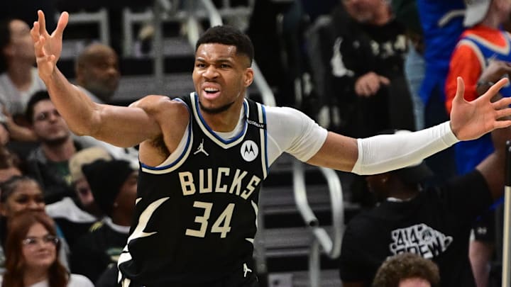 Apr 10, 2025; Milwaukee, Wisconsin, USA; Milwaukee Bucks forward Giannis Antetokounmpo (34) reacts in the second quarter against the New Orleans Pelicans at Fiserv Forum. Mandatory Credit: Benny Sieu-Imagn Images