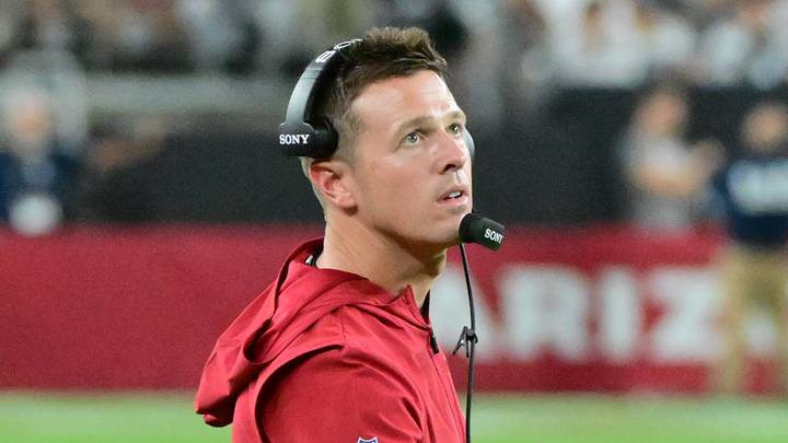Aug 22, 2026; Glendale, Arizona, USA;  Arizona Cardinals head coach Mike LaFleur throws a challenge flag in the first half against the Dallas Cowboys at State Farm Stadium.  Mandatory Credit: Matt Kartozian-Imagn Images