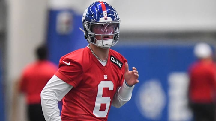 May 9, 2025; East Rutherford, NJ, USA; New York Giants quarterback Jaxson Dart (6) warms up during rookie minicamp at Quest Diagnostics Training Center. Mandatory Credit: John Jones-Imagn Images