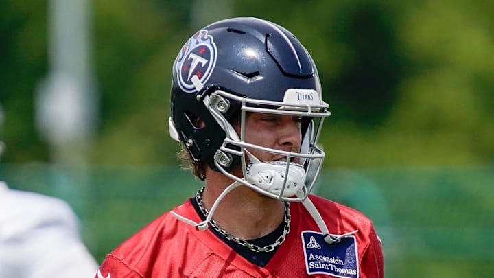 Tennessee Titans quarterback Will Levis prepares for a drill during minicamp practice