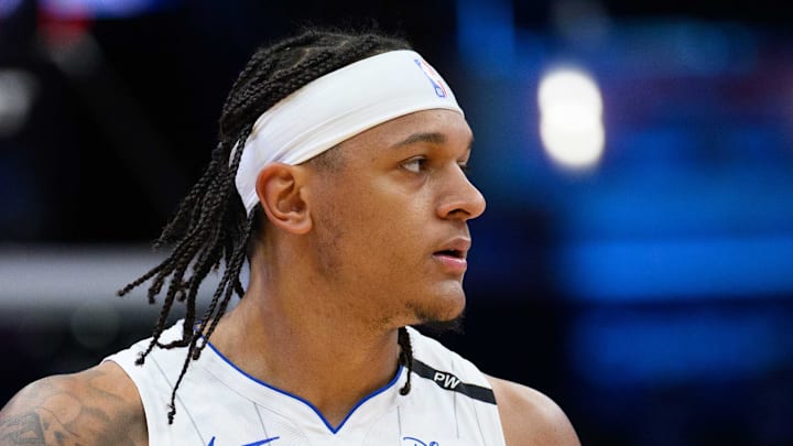 Orlando Magic forward Paolo Banchero (5) reacts before the game against the Washington Wizards at Capital One Arena. 