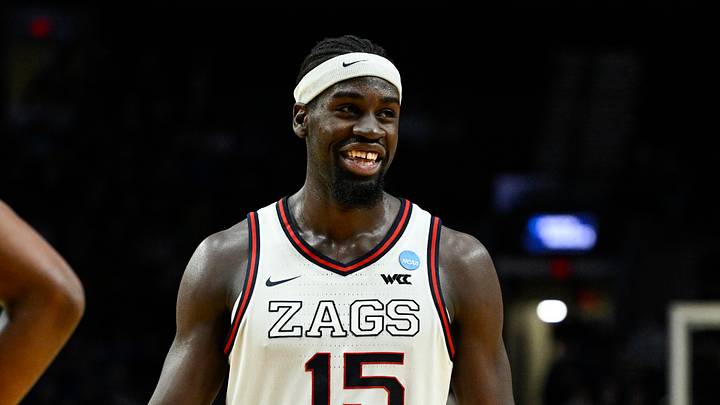 Mar 19, 2026; Portland, OR, USA; Gonzaga Bulldogs forward Graham Ike (15) reacts during the second half of a first round game of the men's 2026 NCAA Tournament against the Kennesaw State Owls at Moda Center. Mandatory Credit: Troy Wayrynen-Imagn Images