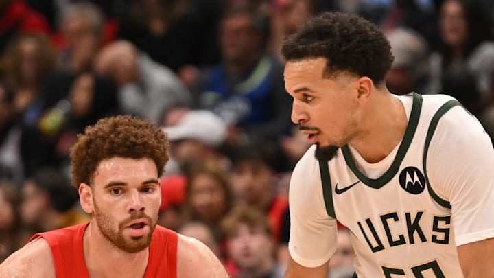 Milwaukee Bucks guard Cole Anthony is defended by Toronto Raptors forward Jamison Battle. Milwaukee Bucks guard Cole Anthony is defended by Toronto Raptors forward Jamison Battle.