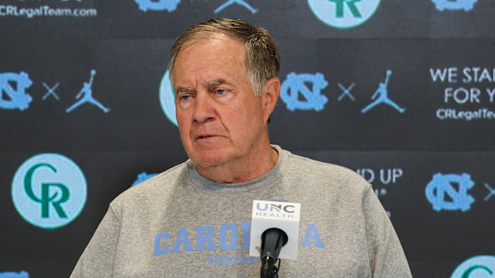 North Carolina Head Coach Bill Belichick speaking to the press before the Tar Heels' first practice of fall camp on Saturday, Aug. 2, 2025