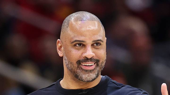 Jan 28, 2026; Houston, Texas, USA; Houston Rockets head coach Ime Udoka gives a thumbs up before the game against the San Antonio Spurs at Toyota Center. Mandatory Credit: Troy Taormina-Imagn Images