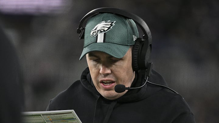 Dec 1, 2024; Baltimore, Maryland, USA; Philadelphia Eagles offensive coordinator Kellen Moore on the sidelines during the first half against the Baltimore Ravens  at M&T Bank Stadium. Mandatory Credit: Tommy Gilligan-Imagn Images