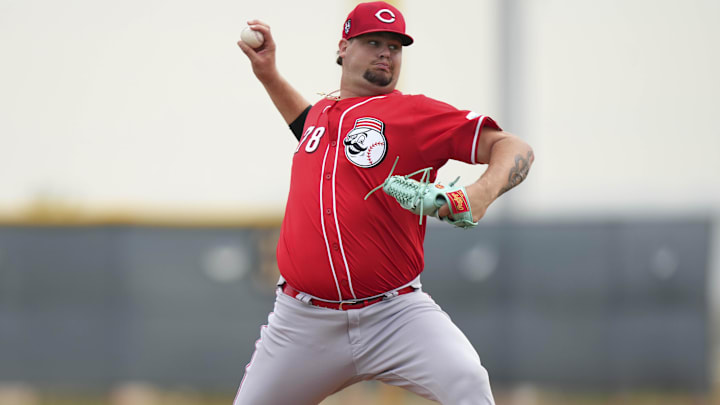 Feb 23, 2024; Goodyear, AZ, USA; Cincinnati Reds non-roster invitee pitcher Zach Maxwell throws live batting practice during spring training workouts at Goodyear Ballpark. Mandatory Credit: Kareem Elgazzar-Imagn Images