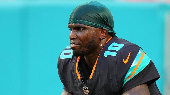 Sep 29, 2025; Miami Gardens, Florida, USA; Miami Dolphins wide receiver Tyreek Hill (10) practices before the game against the New York Jets at Hard Rock Stadium. Mandatory Credit: Rich Storry-Imagn Images