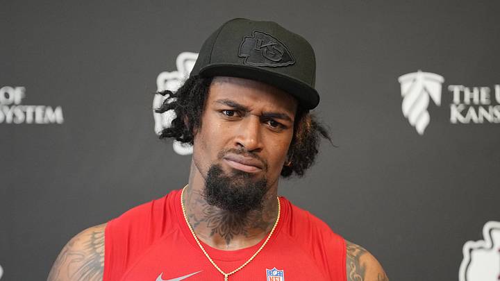Jun 9, 2026; Kansas City, MO, USA; Kansas City Chiefs tackle Josh Simmons (71) speaks to media members during a short press conference after the Kansas City Chiefs mandatory mini-camp. Mandatory Credit: Denny Medley-Imagn Images