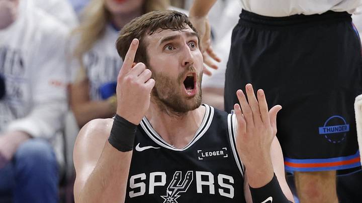 May 26, 2026; Oklahoma City, Oklahoma, USA; San Antonio Spurs center Luke Kornet (7) reacts after a play during the third quarter against the Oklahoma City Thunder in game five of the western conference finals for the 2026 NBA playoffs at Paycom Center. Mandatory Credit: Alonzo Adams-Imagn Images