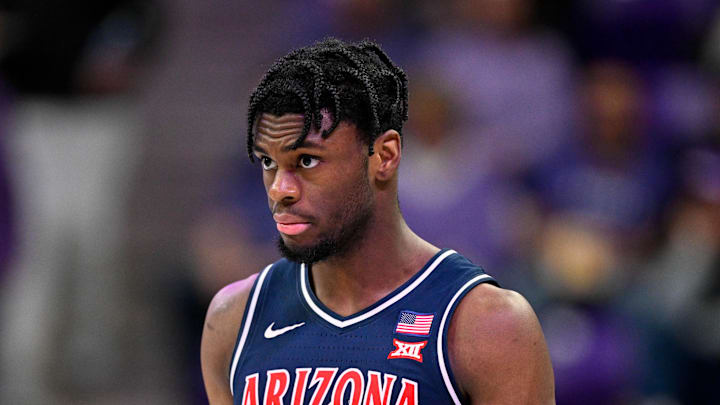 Jan 10, 2026; Fort Worth, Texas, USA; Arizona Wildcats forward Dwayne Aristode (2) looks on during the game between the Horned Frogs and the Wildcats at Ed and Rae Schollmaier Arena. Mandatory Credit: Jerome Miron-Imagn Images
