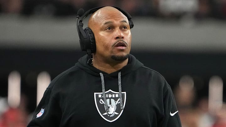 Oct 27, 2024; Paradise, Nevada, USA; Las Vegas Raiders coach Antonio Pierce reacts against the Kansas City Chiefs in the first half at Allegiant Stadium. Mandatory Credit: Kirby Lee-Imagn Images