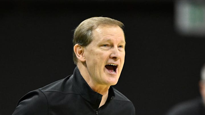 Mar 7, 2026; Eugene, Oregon, USA; Oregon Ducks head coach Dana Altman yells instructions during the first half against the Washington Huskies at Matthew Knight Arena. Mandatory Credit: Craig Strobeck-Imagn Images