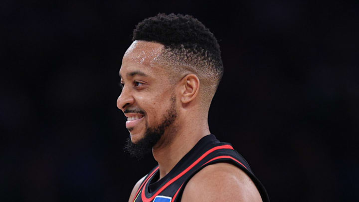 Atlanta Hawks guard CJ McCollum (3) reacts during the first half of the 2026 NBA Playoffs against the New York Knicks at Madison Square Garden on April 18, 2026.