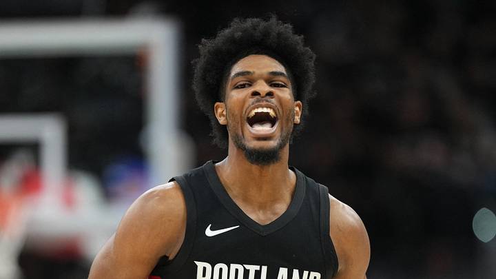 Apr 21, 2026; San Antonio, Texas, USA; Portland Trail Blazers guard Scoot Henderson (0) reacts after scoring a three point basket during the second half of game two of the first round of the 2026 NBA Playoffs against the San Antonio Spurs at Frost Bank Center. Mandatory Credit: Scott Wachter-Imagn Images