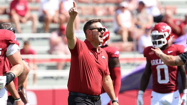 Arkansas Razorbacks head coach Ryan Silverfield during warmups prior to the game against the North Alabama Lions at Donald W. Reynolds Razorback Stadium. 