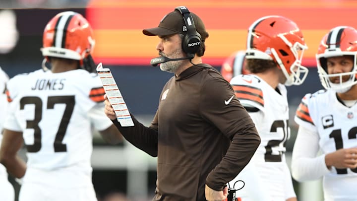 Oct 26, 2025; Foxborough, Massachusetts, USA;  Cleveland Browns head coach Kevin Stefanski looks on during the fourth quarter against the New England Patriots at Gillette Stadium. Mandatory Credit: Brian Fluharty-Imagn Images