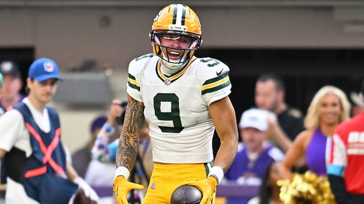 Green Bay Packers wide receiver Christian Watson (9) celebrates after a play at the Vikings. Green Bay Packers wide receiver Christian Watson (9) celebrates after a play at the Vikings.