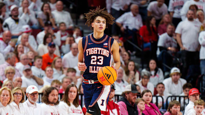 Feb 1, 2026; Lincoln, Nebraska, USA; Illinois Fighting Illini guard Keaton Wagler (23) dribbles during the second half against the Nebraska Cornhuskers at Pinnacle Bank Arena. Mandatory Credit: Dylan Widger-Imagn Images