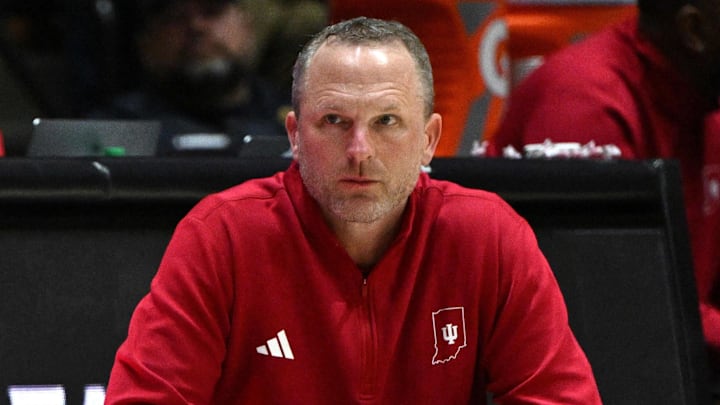 Indiana Hoosiers coach Darian DeVries against the Purdue Boilermakers at Mackey Arena. 