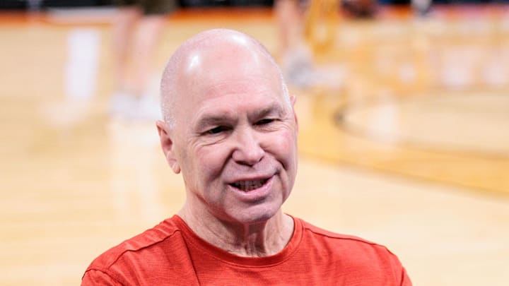 Mar 18, 2026; Oklahoma City, OK, USA; Saint Mary's Gaels head coach Randy Bennett speaks to reporters during a practice session ahead of the first round of the men's 2026 NCAA Tournament at Paycom Center. Mandatory Credit: William Purnell-Imagn Images