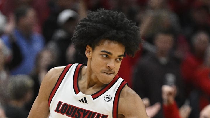 Louisville Cardinals guard Mikel Brown Jr. (0) reacts after making a three pointer against the Kentucky Wildcats during the first half at KFC Yum! Center on November 11, 2025.