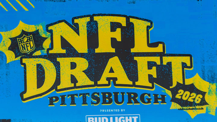 The logo of the 2026 NFL Draft is showcased at the big screen inside the theater Wednesday in Pittsburgh.