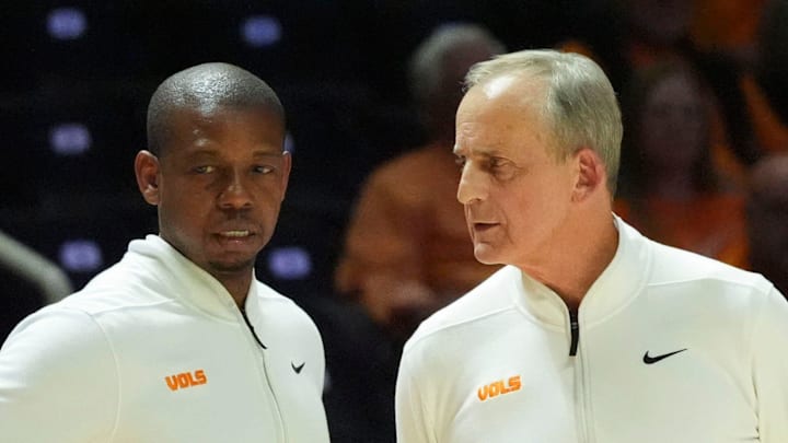 Tennessee basketball coach Rick Barnes with assistant coaches Justin Gainey and Rod Clark during the NCAA college basketball game against Missouri on Wednesday, Feb. 5, 2025, in Knoxville, Tenn.