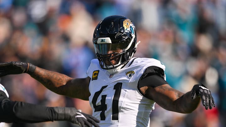 Nov 30, 2025; Nashville, Tennessee, USA; Jacksonville Jaguars defensive end Josh Hines-Allen (41) reacts after a sack against the Tennessee Titans during the first half at Nissan Stadium. Mandatory Credit: Steve Roberts-Imagn Images Nov 30, 2025; Nashville, Tennessee, USA; Jacksonville Jaguars defensive end Josh Hines-Allen (41) reacts after a sack against the Tennessee Titans during the first half at Nissan Stadium. Mandatory Credit: Steve Roberts-Imagn Images