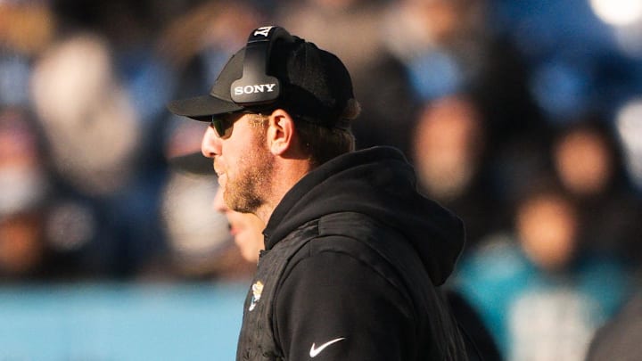 Nov 30, 2025; Nashville, Tennessee, USA;  Jacksonville Jaguars head coach Liam Coen looks on from the sidelines against the Tennessee Titans during the second half at Nissan Stadium. Mandatory Credit: Steve Roberts-Imagn Images