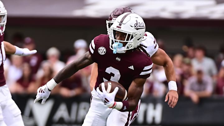 Aug 31, 2024; Starkville, Mississippi, USA;Mississippi State Bulldogs wide receiver Kevin Coleman (3) runs the ball against the Eastern Kentucky Colonels during the first quarter at Davis Wade Stadium at Scott Field. Mandatory Credit: Matt Bush-Imagn Images