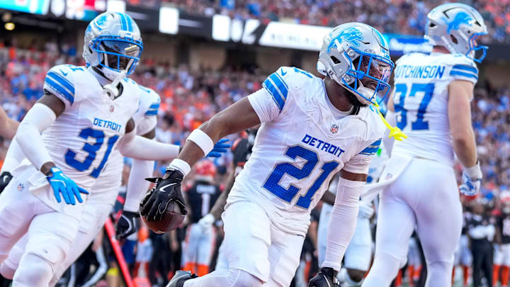 Detroit Lions cornerback Amik Robertson (21) celebrates an interception in the second quarter of the NFL Week 5 game between the Cincinnati Bengals and the Detroit Lions at Paycor Stadium in downtown Cincinnati on Sunday, Oct. 5, 2025.