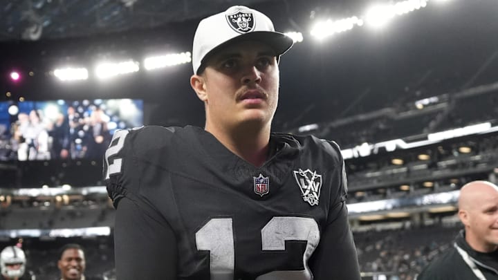Dec 22, 2024; Paradise, Nevada, USA; Las Vegas Raiders quarterback Aidan O'Connell (12) leaves the field after the game against the Jacksonville Jaguars at Allegiant Stadium. Mandatory Credit: Kirby Lee-Imagn Images