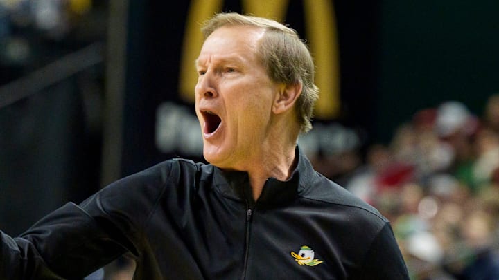 Oregon head coach Dana Altman questions a call as the Oregon Ducks host the Wisconsin Badgers on Feb. 25, 2026, at Matthew Knight Arena in Eugene, Oregon.