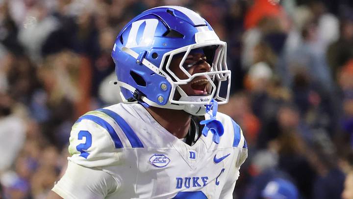 Oct 23, 2026; Charlottesville, Virginia, USA; Duke Blue Devils safety Patrick Smith-Young (2) celebrates after intercepting a pass intended for the Virginia Cavaliers during the second half at Scott Stadium. Mandatory Credit: Amber Searls-Imagn Images Oct 23, 2026; Charlottesville, Virginia, USA; Duke Blue Devils safety Patrick Smith-Young (2) celebrates after intercepting a pass intended for the Virginia Cavaliers during the second half at Scott Stadium. Mandatory Credit: Amber Searls-Imagn Images