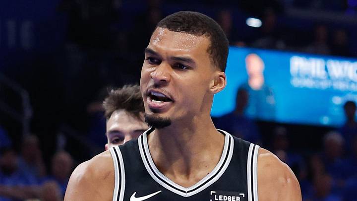 May 18, 2026; Oklahoma City, Oklahoma, USA; San Antonio Spurs center Victor Wembanyama (1) reacts after a dunk in the second quarter against the Oklahoma City Thunder during game one of the western conference finals for the 2026 NBA playoffs at Paycom Center. Mandatory Credit: Alonzo Adams-Imagn Images