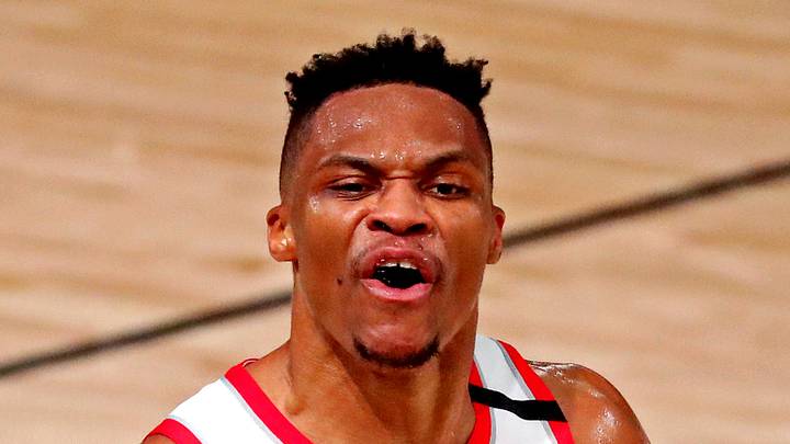 Houston Rockets guard Russell Westbrook (0) reacts after a play during the fourth quarter against the Los Angeles Lakers in game one of the second round of the 2020 NBA Playoffs at AdventHealth Arena on Sep 4, 2020.