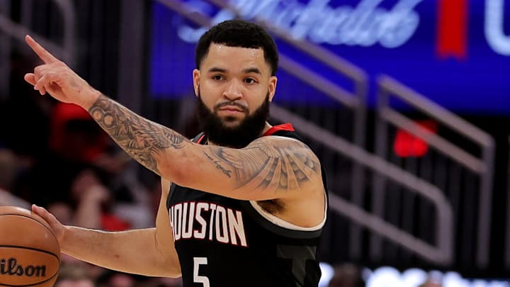 Feb 1, 2025; Houston, Texas, USA; Houston Rockets guard Fred VanVleet (5) handles the ball against the Brooklyn Nets during the first quarter at Toyota Center. Mandatory Credit: Erik Williams-Imagn Images