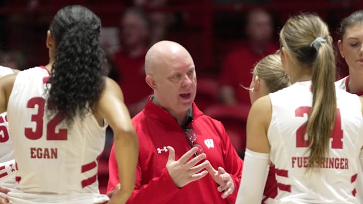 Wisconsin head Kelly Sheffield is shown during their volleyball match Tuesday, September 9, 2025, at the Wisconsin Field House in Madison, Wisconsin. Wisconsin beat UW-Milwaukee 3-0.