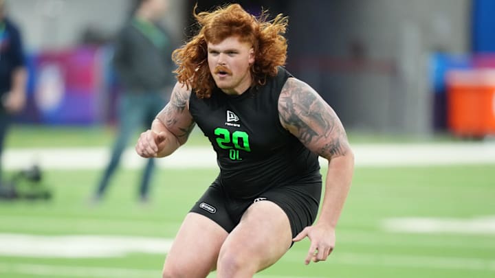 Mar 1, 2026; Indianapolis, IN, USA; Iowa offensive lineman Gennings Dunker (OL20) during the NFL Scouting Combine at Lucas Oil Stadium. 