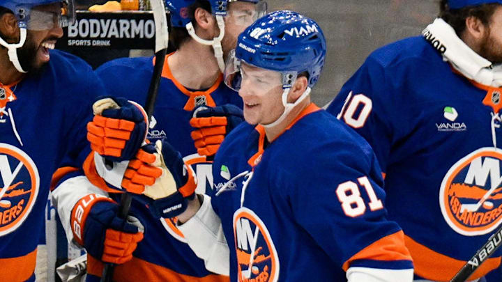 Jan 28, 2026; Elmont, New York, USA;  New York Islanders left wing Ondrej Palat (81) celebrates his goal against the New York Rangers during the first period at UBS Arena. Mandatory Credit: Dennis Schneidler-Imagn Images