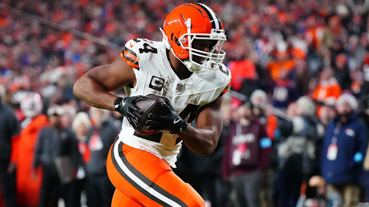 Dec 2, 2024; Denver, Colorado, USA; Cleveland Browns running back Nick Chubb (24) scores a touchdown in the fourth quarter against the Denver Broncos at Empower Field at Mile High. Mandatory Credit: Ron Chenoy-Imagn Images