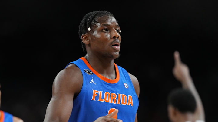 Apr 7, 2025; San Antonio, TX, USA; Florida Gators center Rueben Chinyelu (9) reacts after a play against the Houston Cougars during the first half in the national championship game of the Final Four of the 2025 NCAA Tournament at the Alamodome. Mandatory Credit: Bob Donnan-Imagn Images
