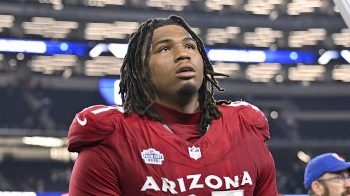 Nov 3, 2025; Arlington, Texas, USA; Arizona Cardinals defensive tackle Walter Nolen III (97) walks off the field after the game between the Dallas Cowboys and the Arizona Cardinals at AT&T Stadium. Mandatory Credit: Jerome Miron-Imagn Images