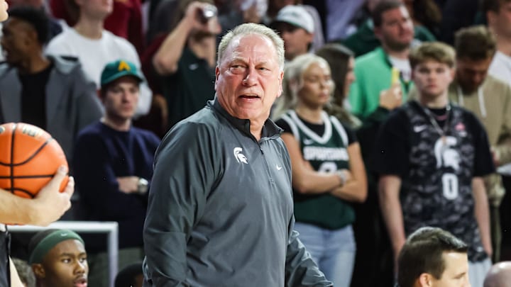 Feb 1, 2025; Los Angeles, California, USA;  Michigan State Spartans head coach Tom Izzo reacts during the second half against the USC Trojans at Galen Center. Mandatory Credit: William Navarro-Imagn Images