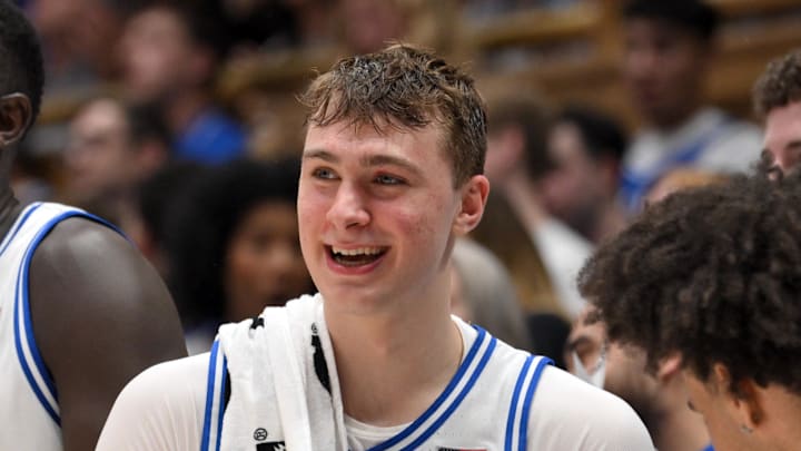 Mar 1, 2025; Durham, North Carolina, USA; Duke Blue Devils center Khaman Maluach (9) and Duke Blue Devils forward Cooper Flagg (2) react during the second half at Cameron Indoor Stadium. Mandatory Credit: Zachary Taft-Imagn Images Mar 1, 2025; Durham, North Carolina, USA; Duke Blue Devils center Khaman Maluach (9) and Duke Blue Devils forward Cooper Flagg (2) react during the second half at Cameron Indoor Stadium. Mandatory Credit: Zachary Taft-Imagn Images