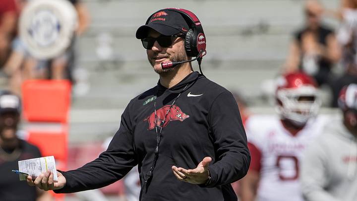 Arkansas Razorbacks coach Ryan Silverfield looks over to the sidelines  during the spring game at Razorback Stadium.