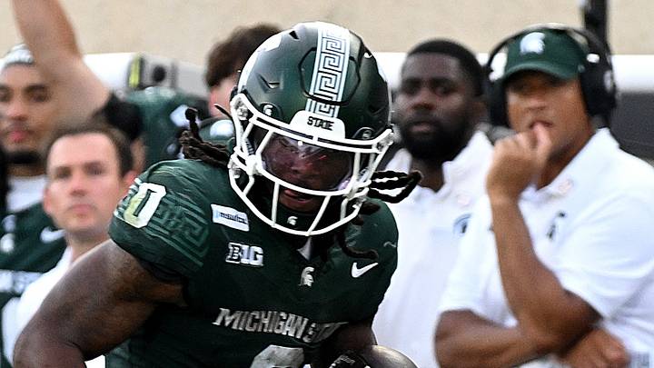 Sep 12, 2026; East Lansing, Michigan, USA; Michigan State Spartans running back Cam Edwards (0) racks up yardage on a long play from scrimmage during the fourth quarter against the Eastern Michigan Eagles at Spartan Stadium. Mandatory Credit: Dale Young-Imagn Images Sep 12, 2026; East Lansing, Michigan, USA; Michigan State Spartans running back Cam Edwards (0) racks up yardage on a long play from scrimmage during the fourth quarter against the Eastern Michigan Eagles at Spartan Stadium. Mandatory Credit: Dale Young-Imagn Images