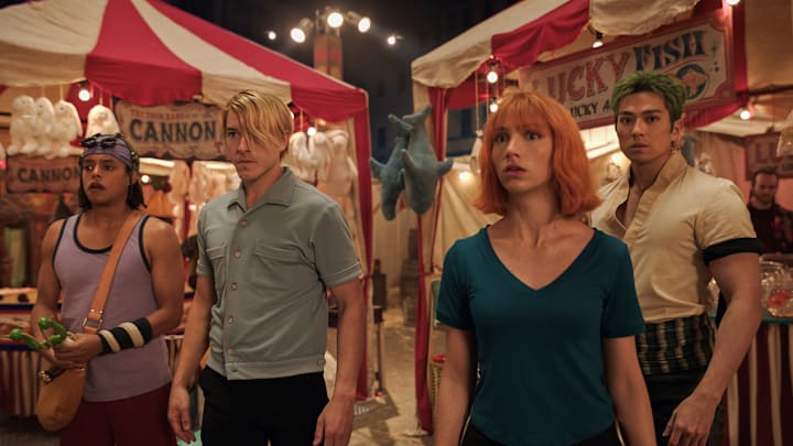 One Piece. (L to R) Jacob Romero as Usopp, Taz Skylar as Sanji, Emily Rudd as Nami, Mackenyu as Roronoa Zoro in season 2 of One Piece. 